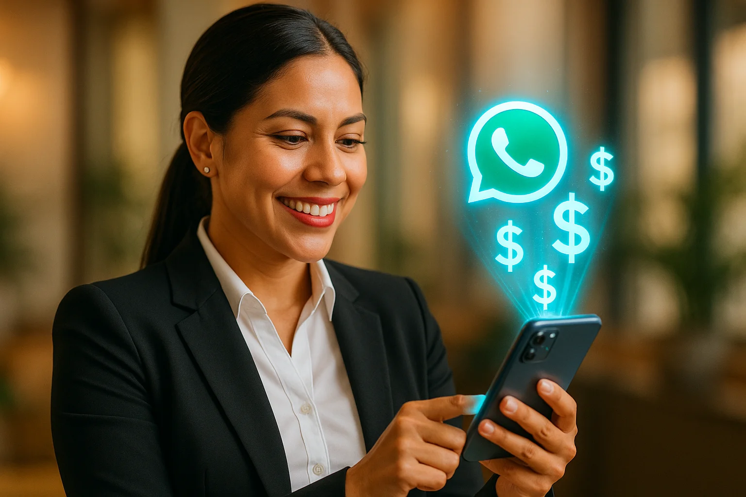Mujer profesional usando WhatsApp para generar ventas